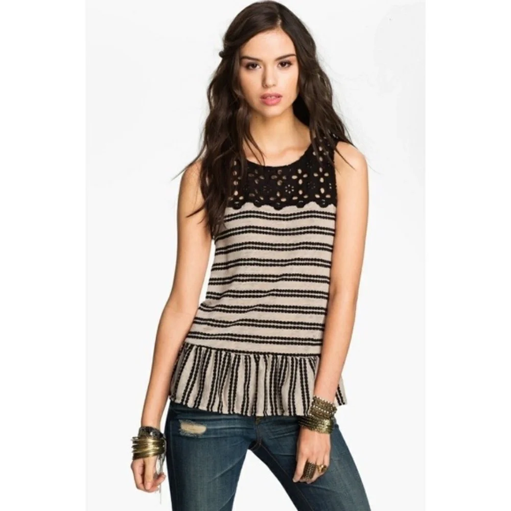 FREE PEOPLE Molly’s Retro Peplum Top Eyelet Lace Dots Antique Heather Medium
